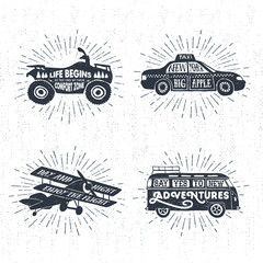 Obraz premium Hand drawn textured vintage labels set with quad bike, taxi, biplane, van, and lettering vector illustrations.