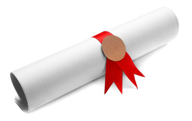 Rolled paper tied with red ribbon isolated on white