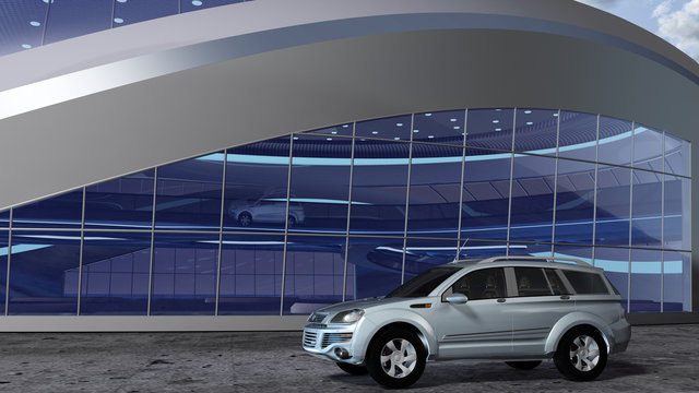 Moderner SUV vor einer futuristischen Ausstellungshalle aus Glas und Aluminium