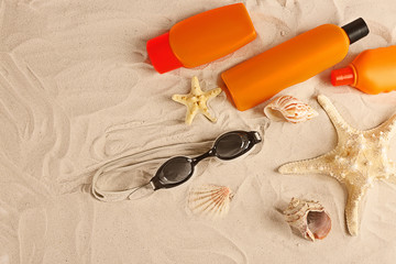 Fototapeta na wymiar Beach accessories on sand