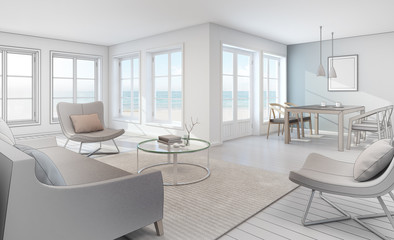 Fototapeta na wymiar Sketch design of sea view interior in modern beach house - 3D rendering