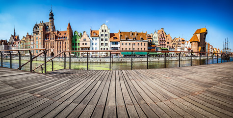 Fototapeta premium Panorama of Gdansk old town and Motlawa river in Poland. View from embankment
