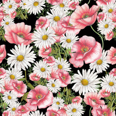 Seamless pattern of wildfowers bouquets on dark background