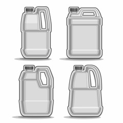 Vector logo monochrome canisters, consisting of 4 plastic grey container bottles with handles and black caps isolated closeup on white background.