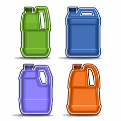 Vector logo colored canisters, consisting of 4 plastic green and blue container bottles with handles and caps isolated closeup on white background.