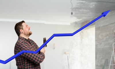 Handyman with tool in interior . Mixed media