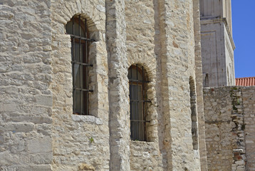 Fototapeta na wymiar Windows in the historic St Donatus Church, the largest pre-Romanesque building in Croatia, which was constructed in the 9th and 10th centuries. 