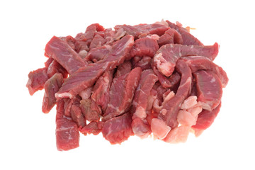 Steak sliced thin on a white background.
