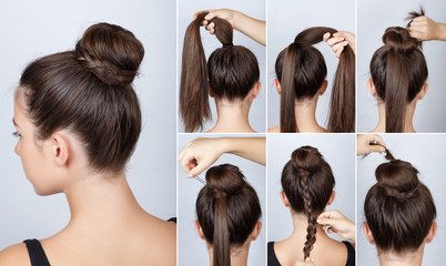 Hairstyle tutorial elegant bun with braid - obrazy, fototapety, plakaty
