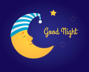 Vector cartoon illustration. A moon in a white and blue striped nightcap sleeping in the sky, a little star is awake and smiling. Dark blue background, yellow text "Good night". Horizontal format.
