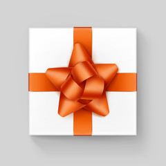 Vector White Square Gift Box with Shiny Orange Ribbon Bow Close up Top view Isolated on Background