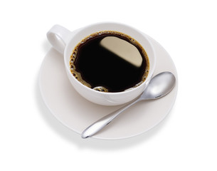 Top view of a cup of coffee, isolate on white