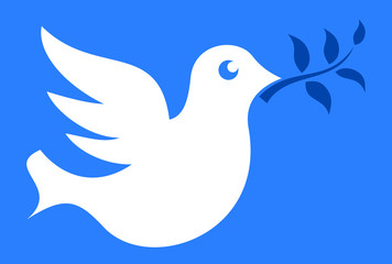 Dove with olive branch as symbol of peace and ceasefire after war and military conflict. Simple vector illustration in blue and white colors