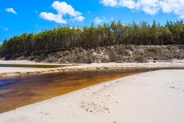Plasnica river estuary to sea on sandy beach in Debki village, Baltic Sea, Poland