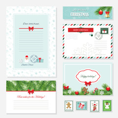 Christmas templates set. Letter from Santa Claus, Greeting cards, banner, envelope and postage stamps. Pattern with gingerbread man added in swatches.