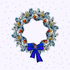 Christmas blue and white wreath, christmas deko in blue accents ,white background, vector.