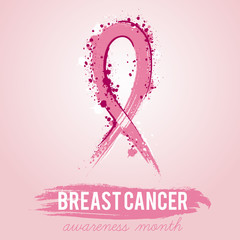 Grunge pink ribbon. Breast cancer awareness symbol. Vector illustration