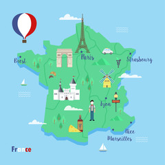France. Colorful travel maps with popular landmarks.