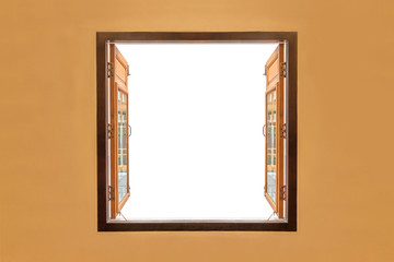 wooden windows frame on orange wall with empty space in the middle