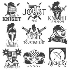 Vector set of heraldic knight labels in vintage style. Design elements, icons, logo. Warrior helmet and sword