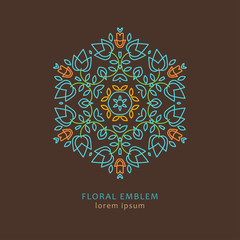 Elegant floral linear ornaments with flower and swirls. Vector emblem perfect for logotype design or labels.