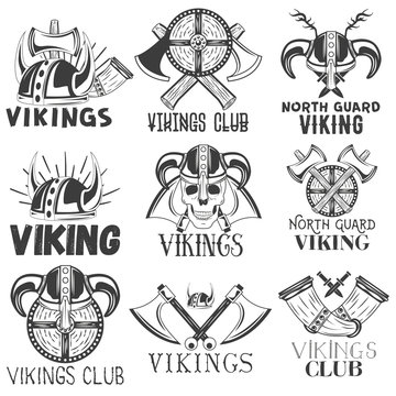 Vector set of vikings labels in vintage style. Design elements, icons, logo, emblems, badges. Viking warrior helmet and axe