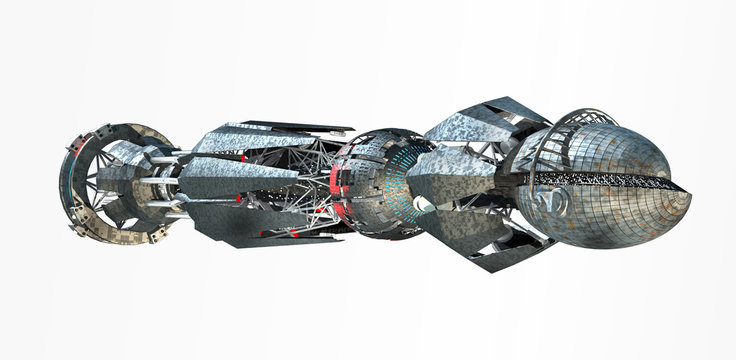 3D rendering of spaceship with a warp-drive in the initiating state, isolated on white for alien fantasy games or science fiction backgrounds of interstellar deep space travel