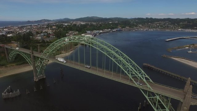 Aerial shot of Newport, Oregon bridge and bay