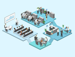 isometric flat 3d abstract office floor interior departments concept vector.