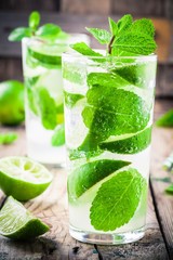 fresh mojito cocktails with lime, mint and ice in glass