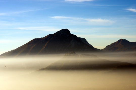 Monte Pizzocolo 1581 m. with the fog of the Garda Lake. Lombardy, Italy, Europe
