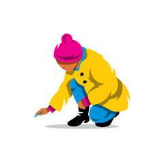 Vector Girl draws a chalk on asphalt Cartoon Illustration.