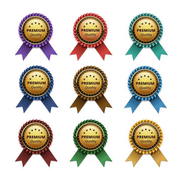Set of Top Quality Guarantee Golden labels with Colored Light Blue Purple Violet Red Scarlet Green Brown Yellow Ribbons