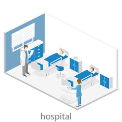 Isometric flat interior of hospital room. Doctors treating the patient.
