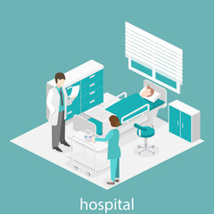 Isometric flat interior of hospital room. Doctors treating the patient.