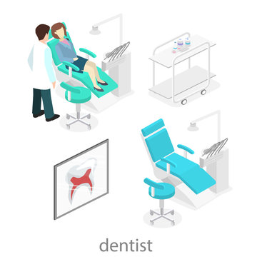 Isometric flat interior of dentist's office. Doctors treating the patient.