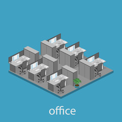 Flat 3d isometric abstract office floor interior departments concept vector.
