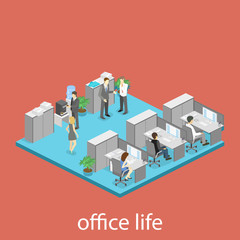 Flat 3d isometric abstract office floor interior departments concept vector.