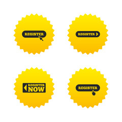 Register with hand pointer icon. Mouse cursor.