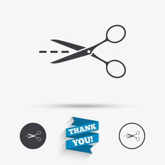 Scissors with cut line sign icon. Tailor symbol.