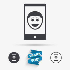 Selfie smile face sign icon. Self photo symbol.