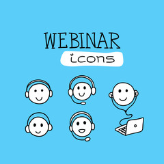 Webinar icon. Symbol of happy listening person with headphones. Smiling face