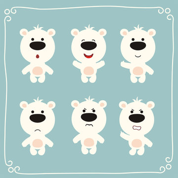 Vector set cartoon polar bear. Collection isolated funny polar bear. Emotion polar bear.