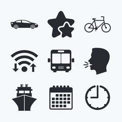 Transport icons. Car, Bicycle, Bus and Ship.
