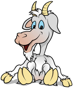 Sitting Cheerful Goat - Colored Cartoon Illustration, Vector