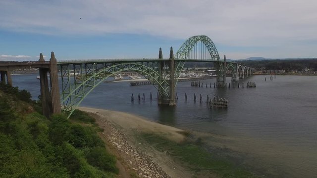 Aerial shot of Newport, Oregon bridge and bay