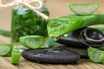 Aloe on a wooden background with stones