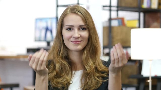 Invitation Gesture by Girl at Work in Office, Come On