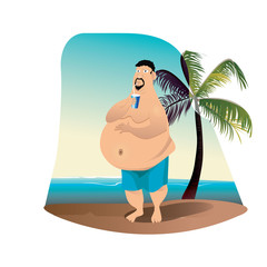 Obraz na płótnie Canvas fat man on the beach drinking a beverage