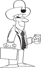 Black and white illustration of a businessman wearing a cowboy hat